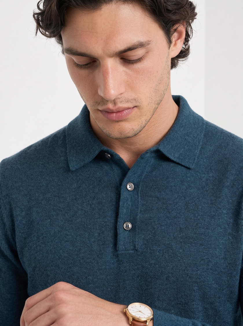 Wool Polo Sweater Men Button Placket Lapel Collar Rib Knit