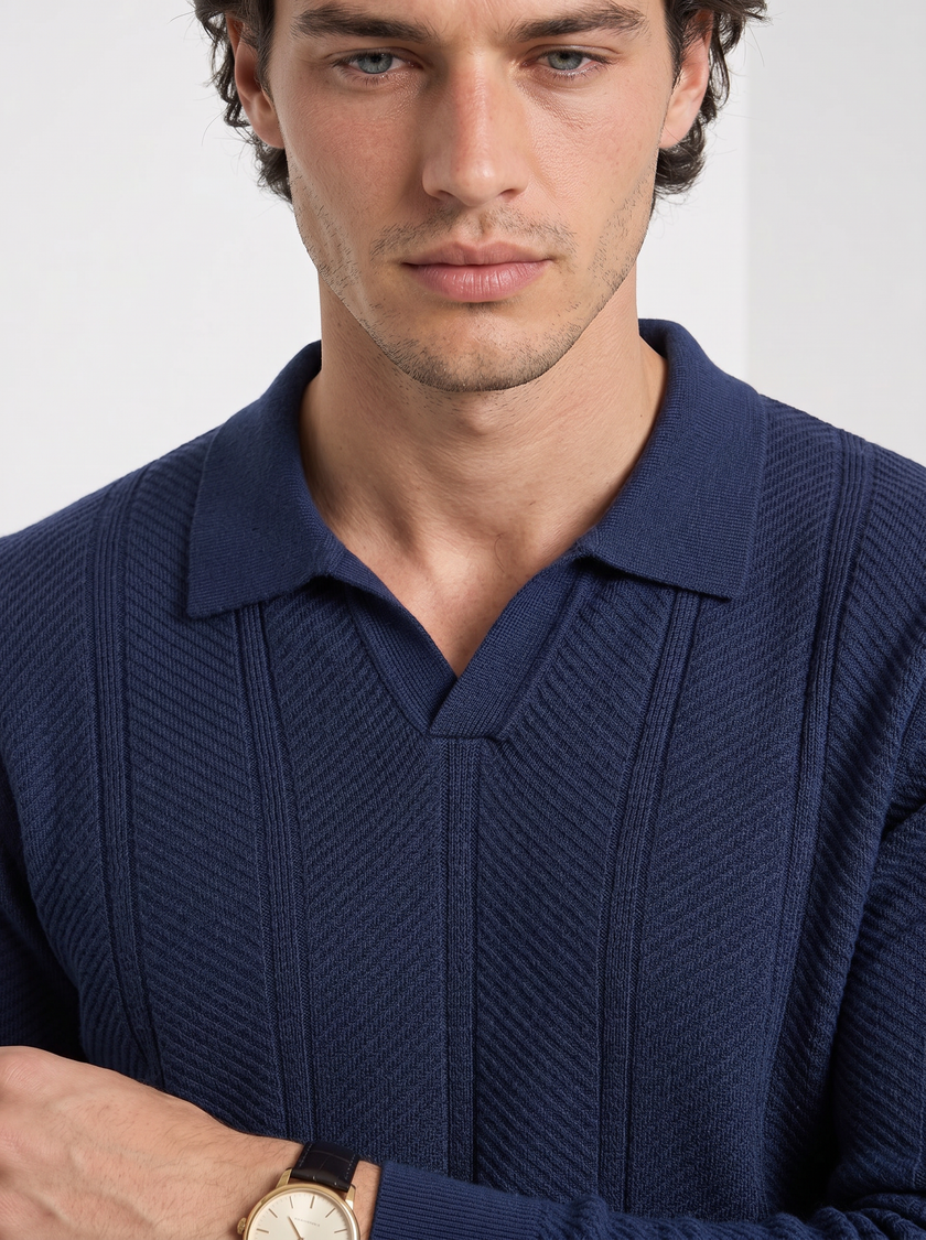 Knit Polo Sweater Men Lapel Collar Long Sleeve Textured