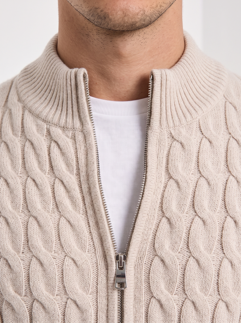 Cable Knit Cardigan Men Slim Fit Button Front Crew Neck