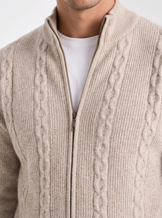Wool Cable Knit Sweater Men Collared Full Zip Heavyweight