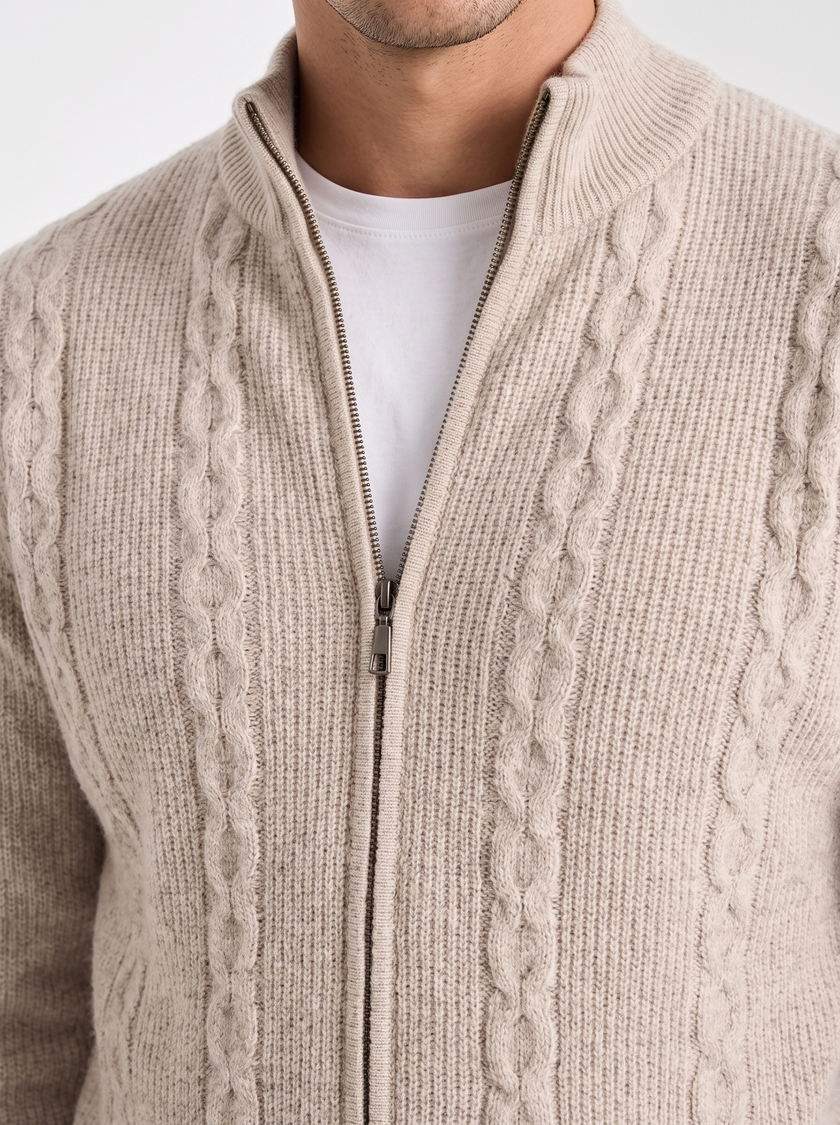 Wool Cable Knit Sweater Men Collared Full Zip Heavyweight