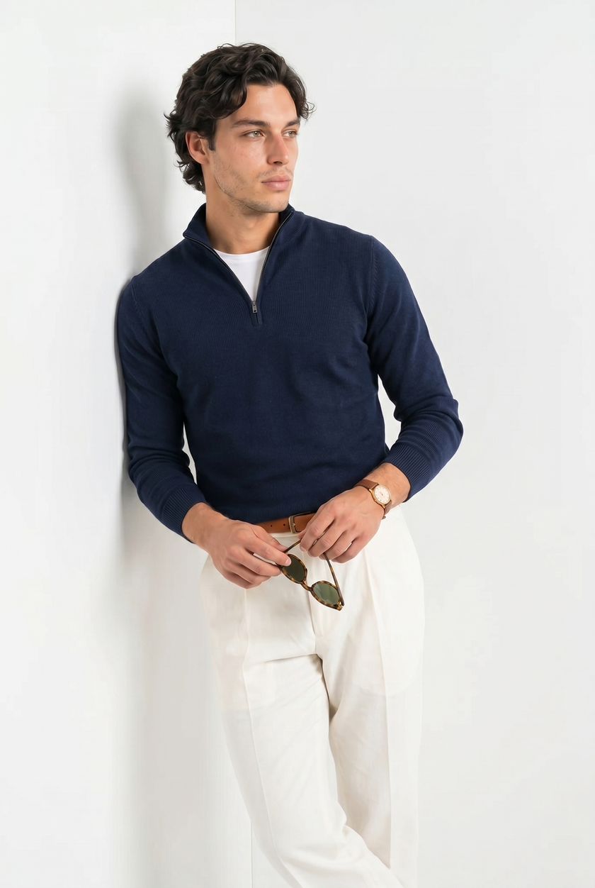 Quarter Zip Knit Sweater Men Stand Collar Regular Fit