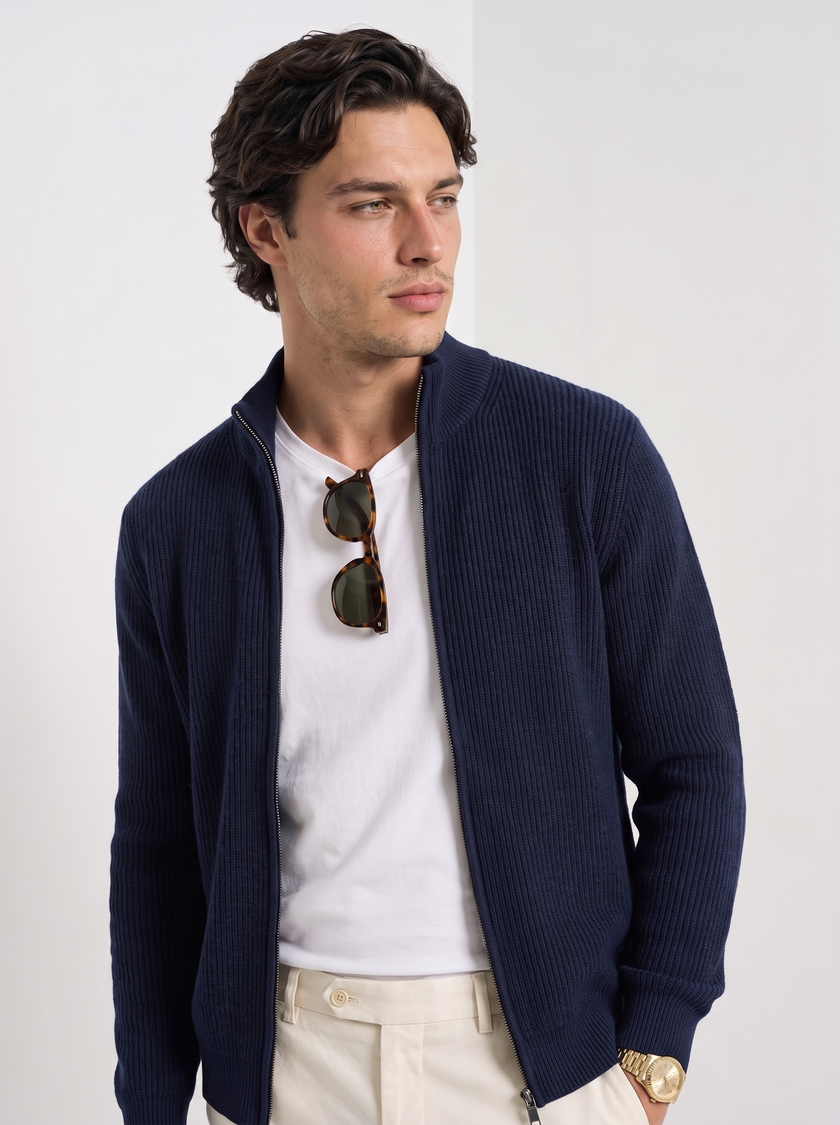 Wool Cardigan Men Fitted Full Zip Stand Collar