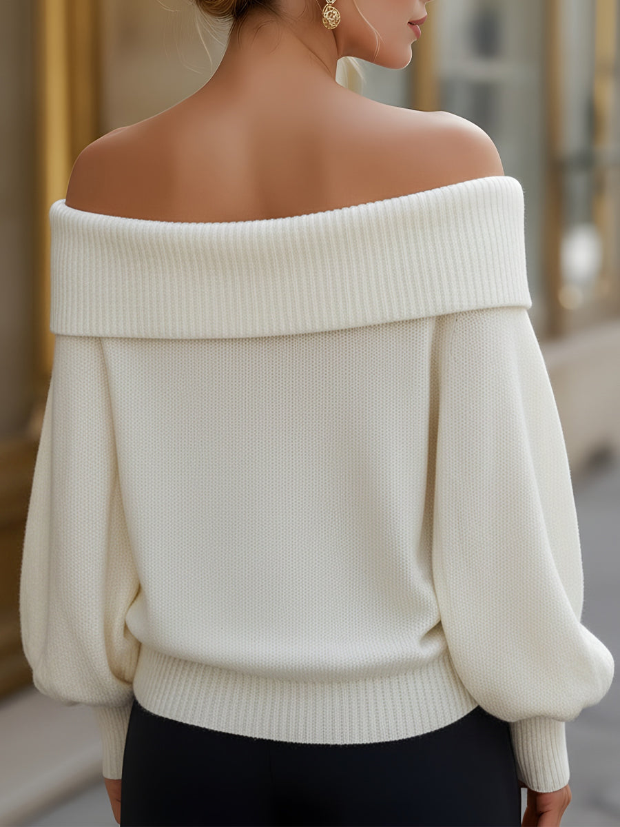 Off-Shoulder Knit Sweater with Wide Folded Collar and Balloon Sleeves for Women