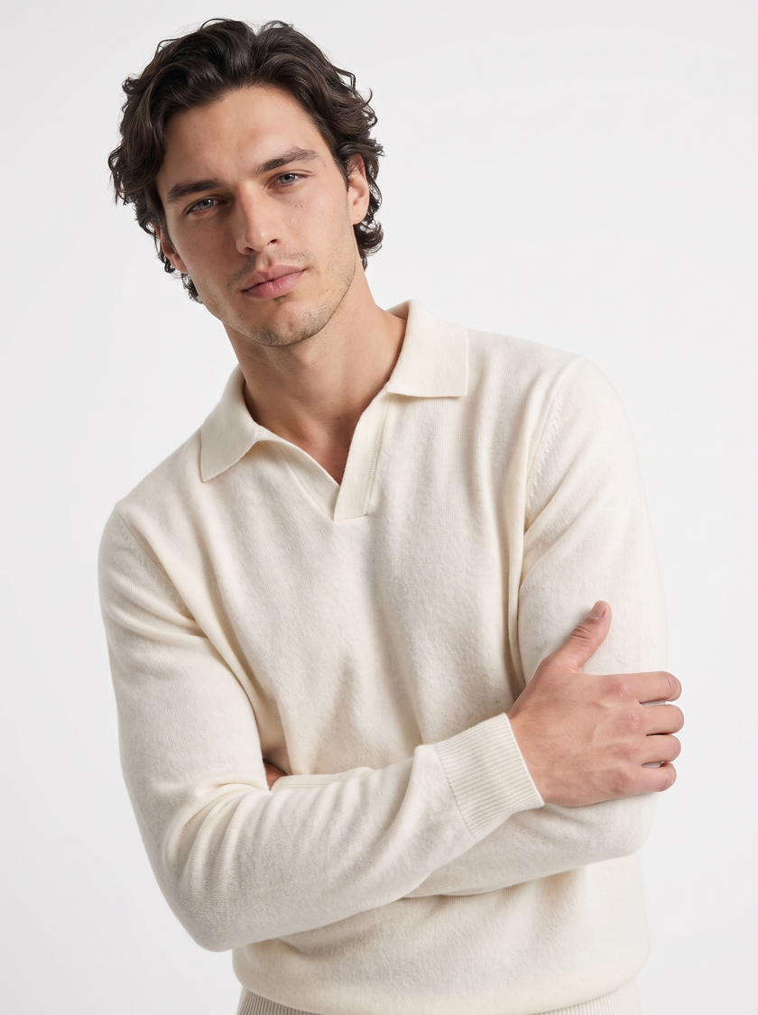 Cashmere Polo Sweater Men Long Sleeve Collared Regular Fit