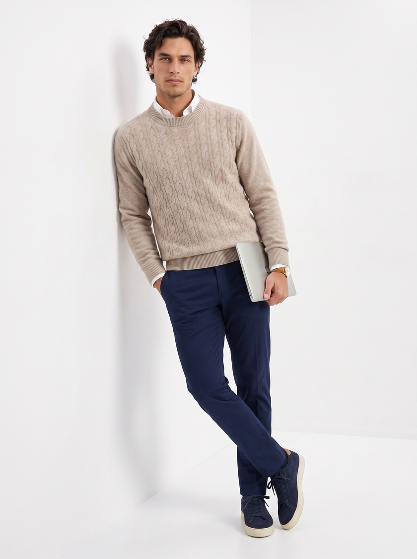 Wool Cable Knit Sweater Men Crew Neck Regular Fit