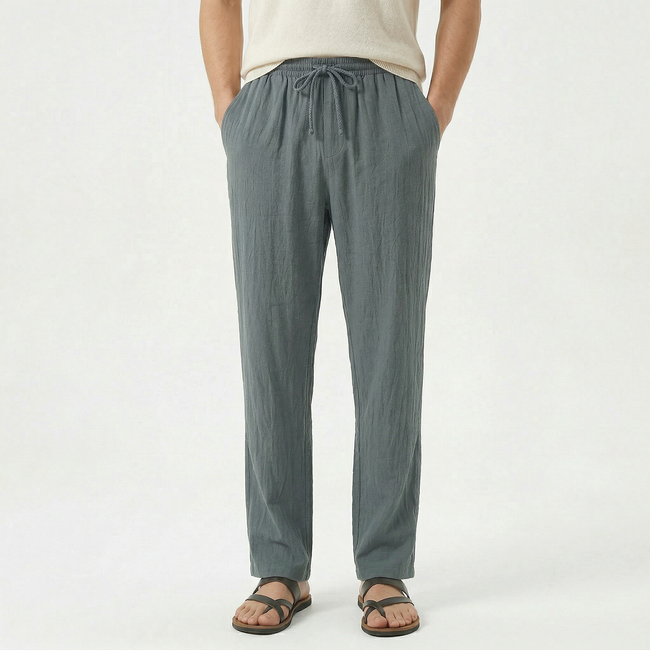 Men's linen drawstring trousers by FJØRNA, lightweight and breathable men's pants with relaxed fit and adjustable waistband.