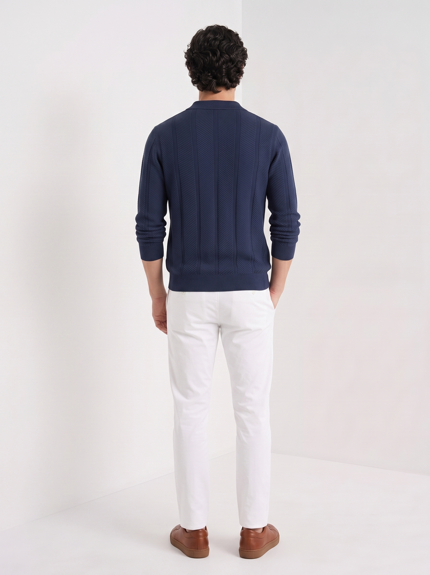 Knit Polo Sweater Men Lapel Collar Long Sleeve Textured