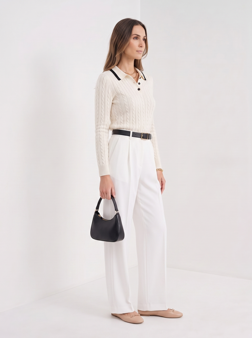 Knit Polo Shirt Women Henley Collar Button Old Money