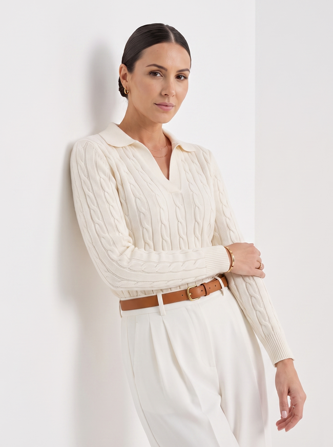 Cable Knit Sweater Women Cotton Blend White Pull-On