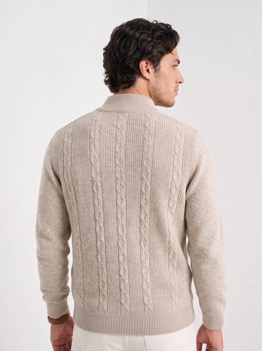 Wool Cable Knit Sweater Men Collared Full Zip Heavyweight