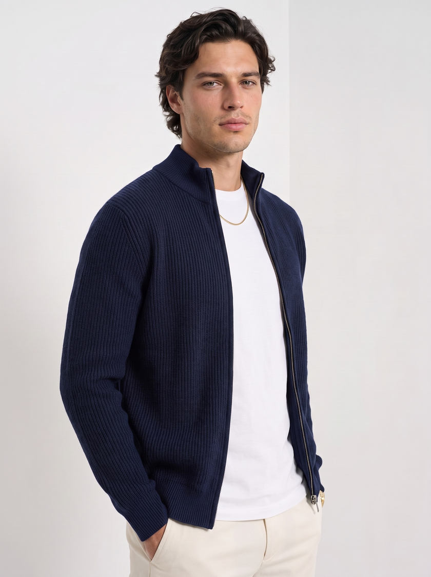 Wool Cardigan Men Fitted Full Zip Stand Collar