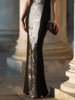 Black sleeveless evening gown with sculpted panels by FJØRNA, designed for formal occasions and elegant evening wear.