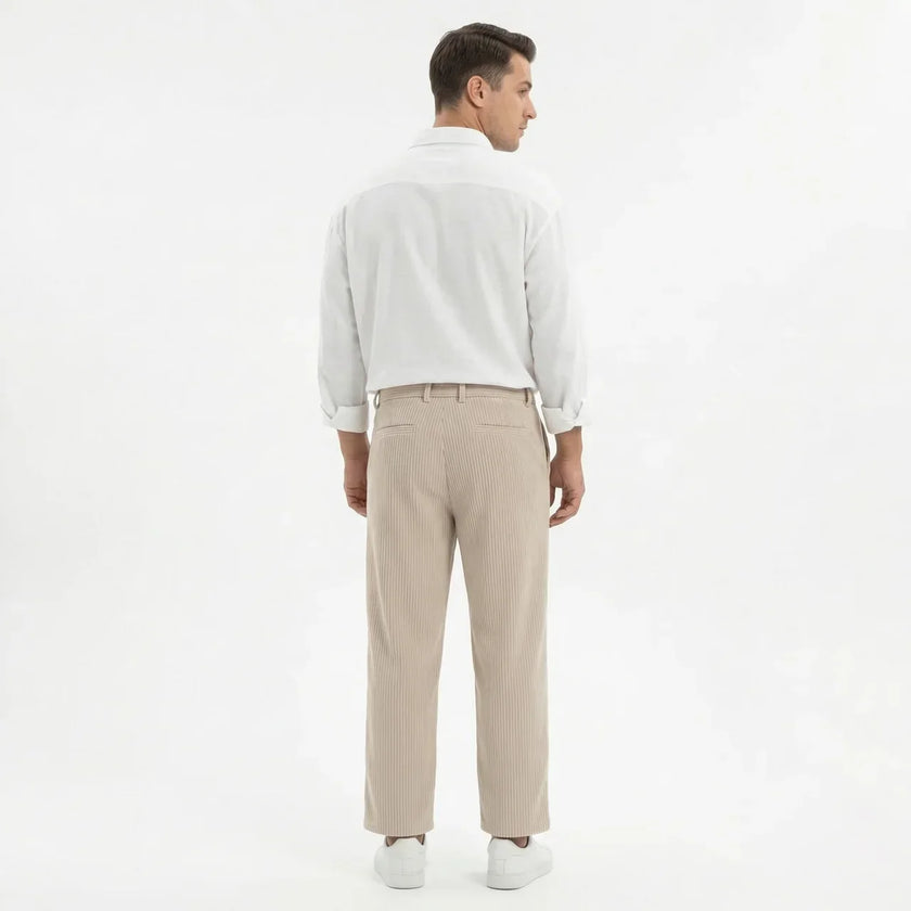 Men's wide leg summer pants by FJØRNA, beige casual men's pants with relaxed fit and lightweight fabric for warm weather.