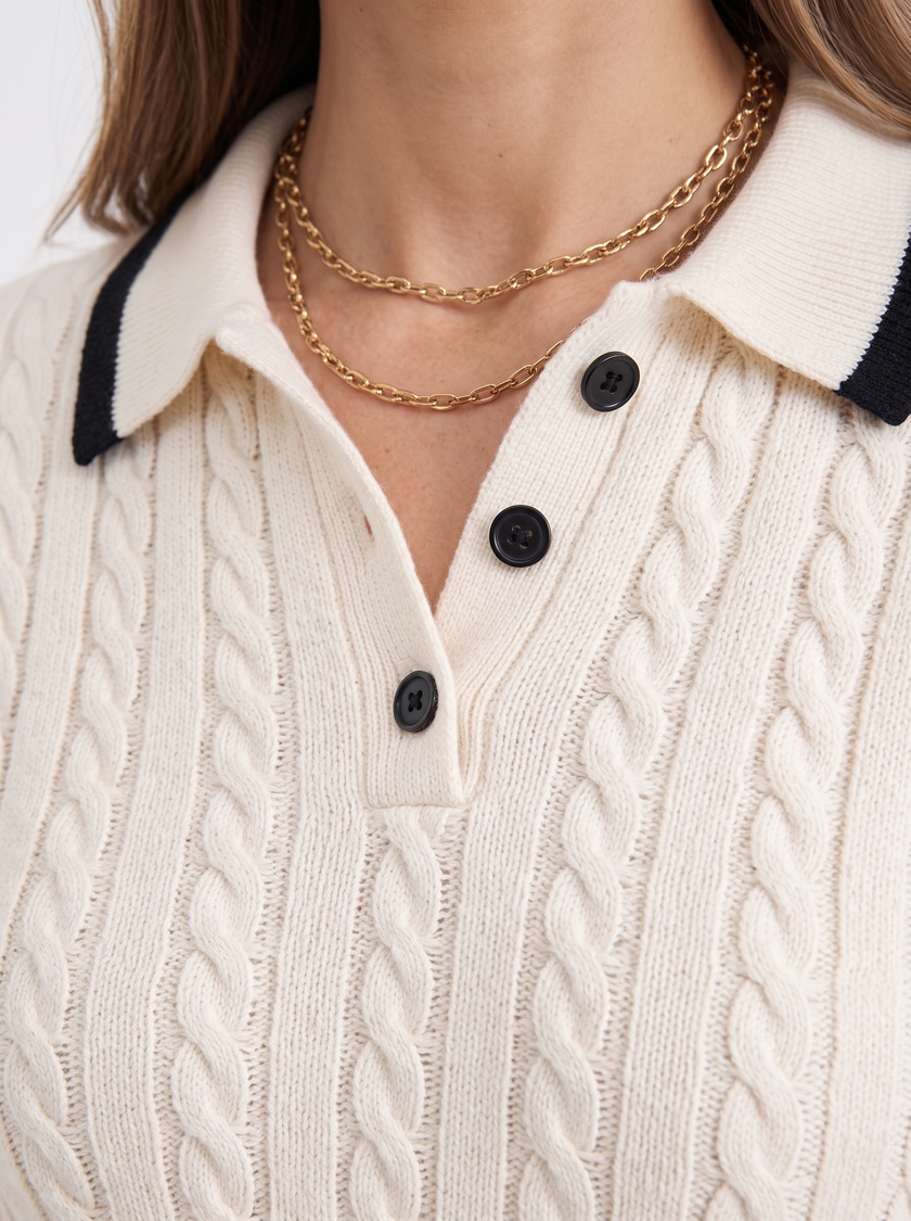Knit Polo Shirt Women Henley Collar Button Old Money