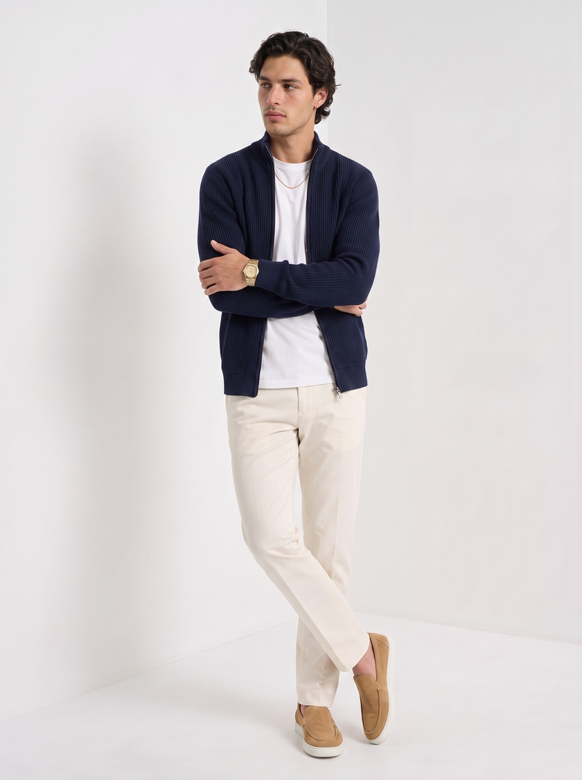 Wool Cardigan Men Fitted Full Zip Stand Collar