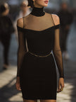 FJØRNA black mesh-panel cutout bodycon dress, a sleek cocktail dress with fitted silhouette and stylish mesh details.