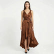 FJØRNA women's elegant sleeveless wrap midi dress displayed on a hanger, showcasing its stylish design and fabric details.