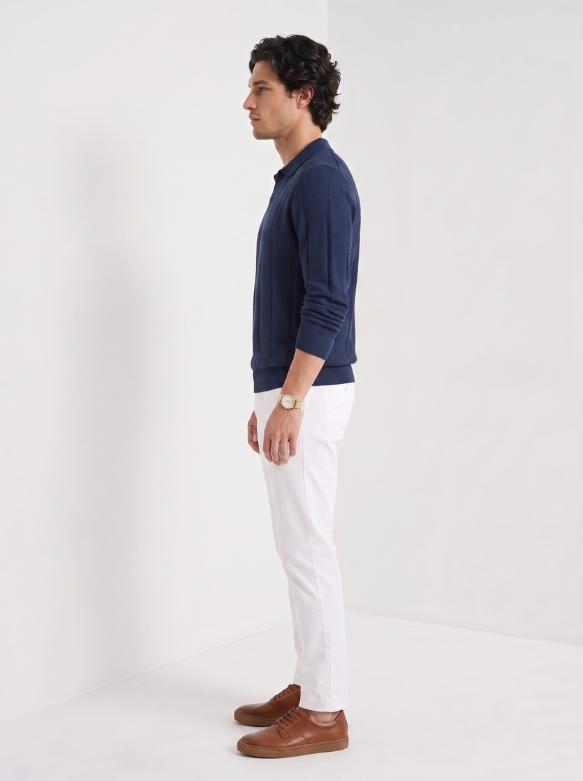 Knit Polo Sweater Men Lapel Collar Long Sleeve Textured