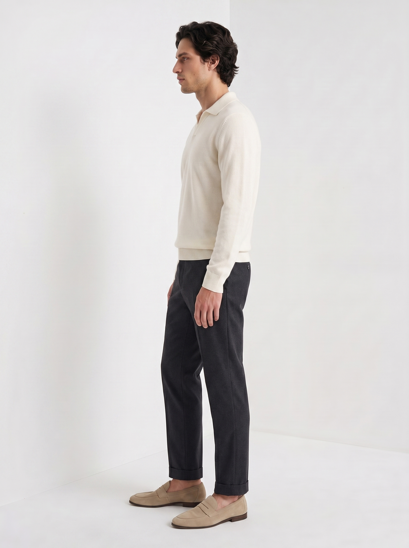 Cashmere Polo Sweater Men Long Sleeve Collared Regular Fit
