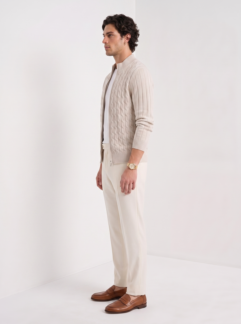 Cable Knit Cardigan Men Slim Fit Button Front Crew Neck