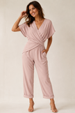 Wrap Jumpsuit Women V-Neck Short Sleeve Wide Leg