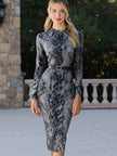 FJØRNA snake print long-sleeve belted fitted midi dress, perfect for summer business wear, shown on a model.