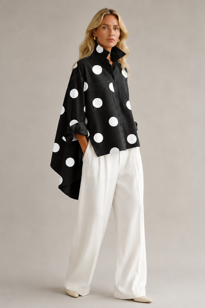 Polka Dot Blouse Women Oversized Short Sleeve Button Front