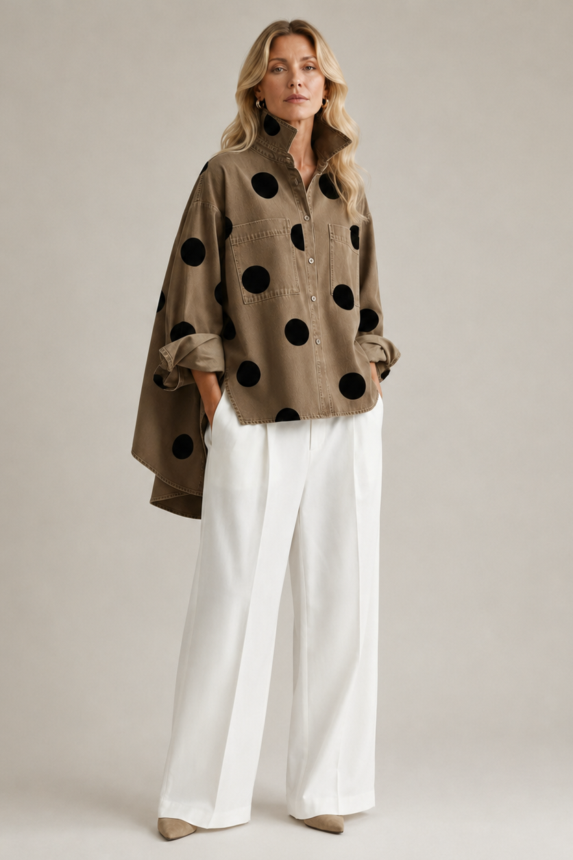 Polka Dot Blouse Women Oversized Short Sleeve Button Front