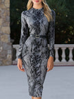 FJØRNA snake print long-sleeve belted fitted midi dress, summer business dress, showcasing the stylish snake pattern and waist belt.