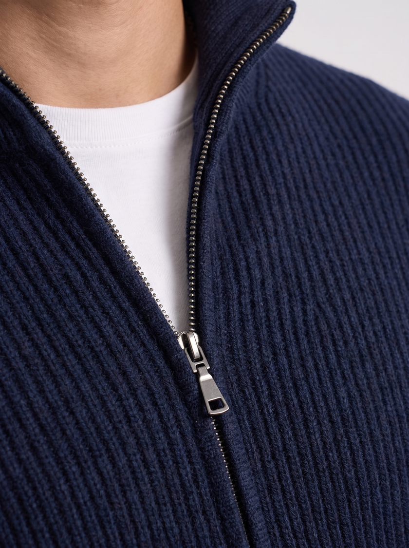 Wool Cardigan Men Fitted Full Zip Stand Collar