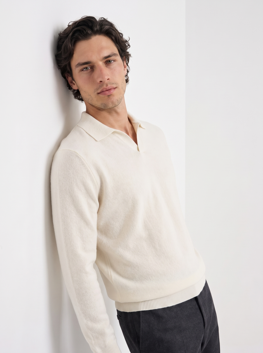 Cashmere Polo Sweater Men Long Sleeve Collared Regular Fit