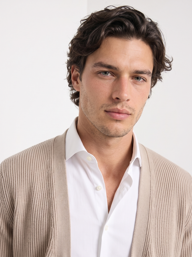 Wool Cardigan Men V-Neck Button Front Long Sleeve
