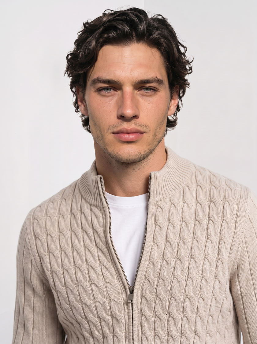 Cable Knit Cardigan Men Slim Fit Button Front Crew Neck