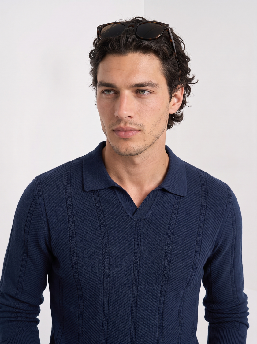 Knit Polo Sweater Men Lapel Collar Long Sleeve Textured