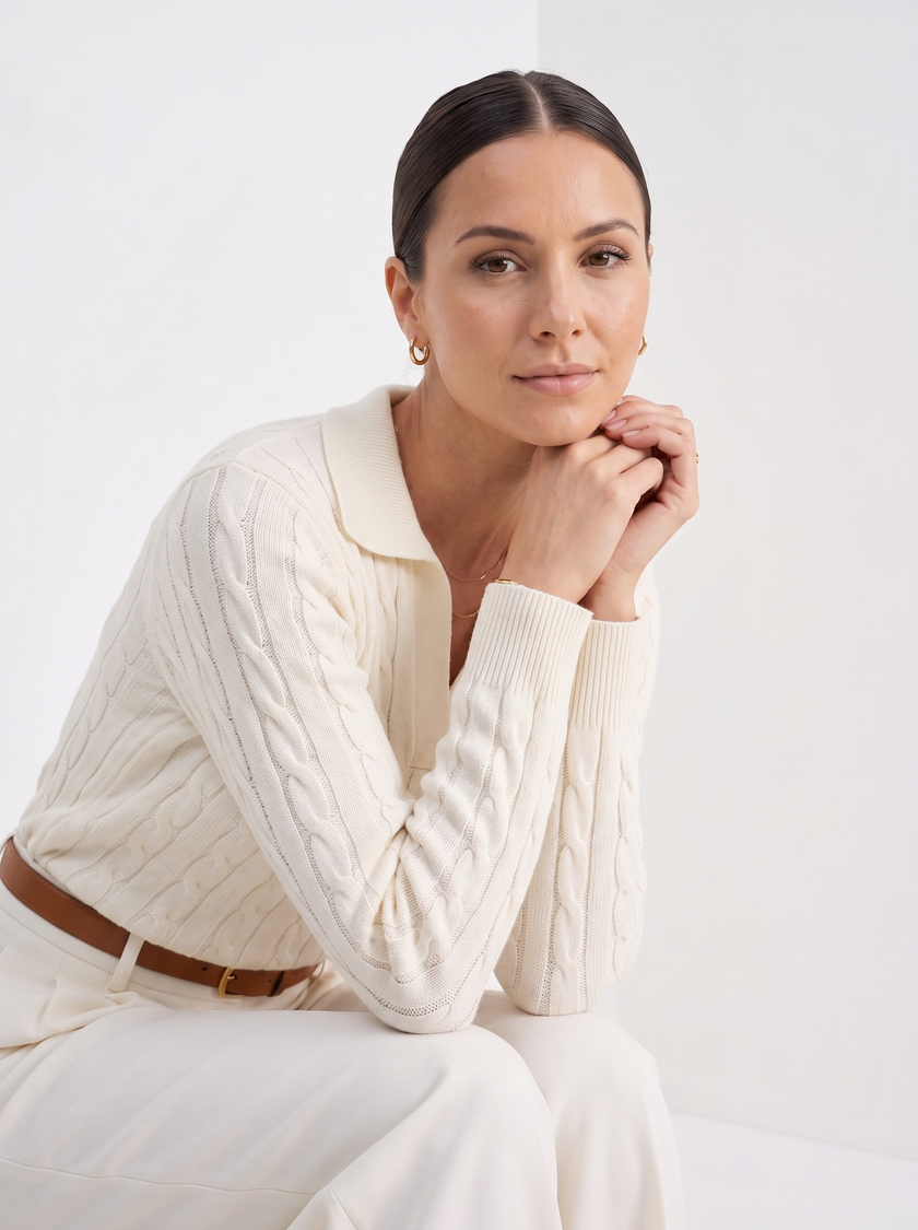 Cable Knit Sweater Women Cotton Blend White Pull-On