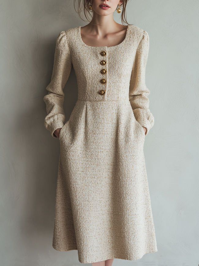 FJØRNA vintage tweed button long-sleeve midi dress with a fitted corset-style waist and classic country-inspired design.