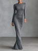 Grey knit ruched maxi dress by FJØRNA, elegant evening dress with a fitted silhouette and stylish ruching detail.