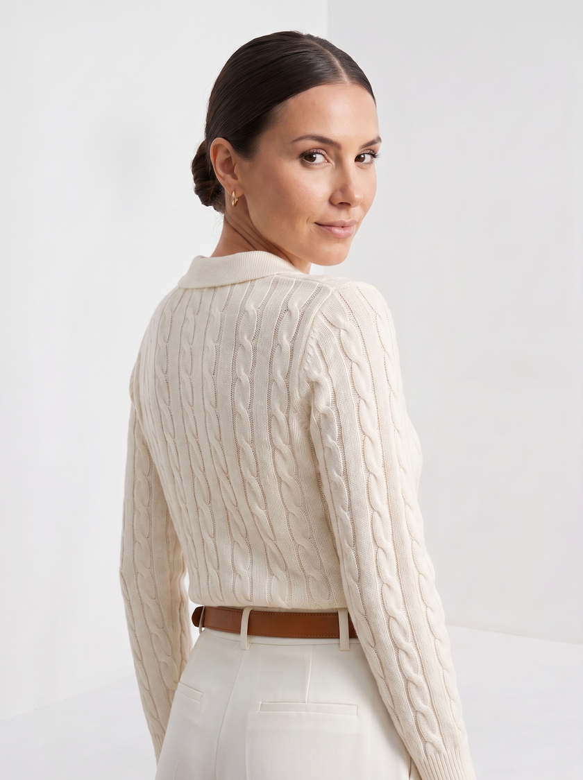 Cable Knit Sweater Women Cotton Blend White Pull-On