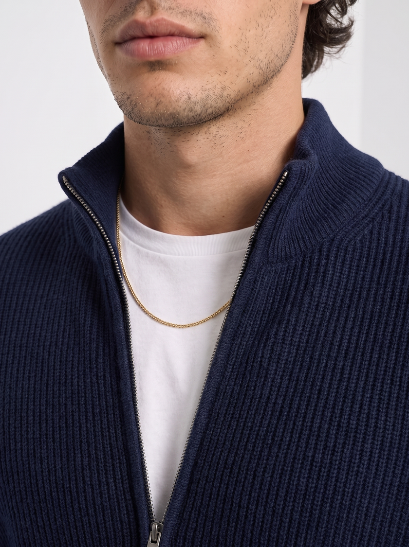 Wool Cardigan Men Fitted Full Zip Stand Collar