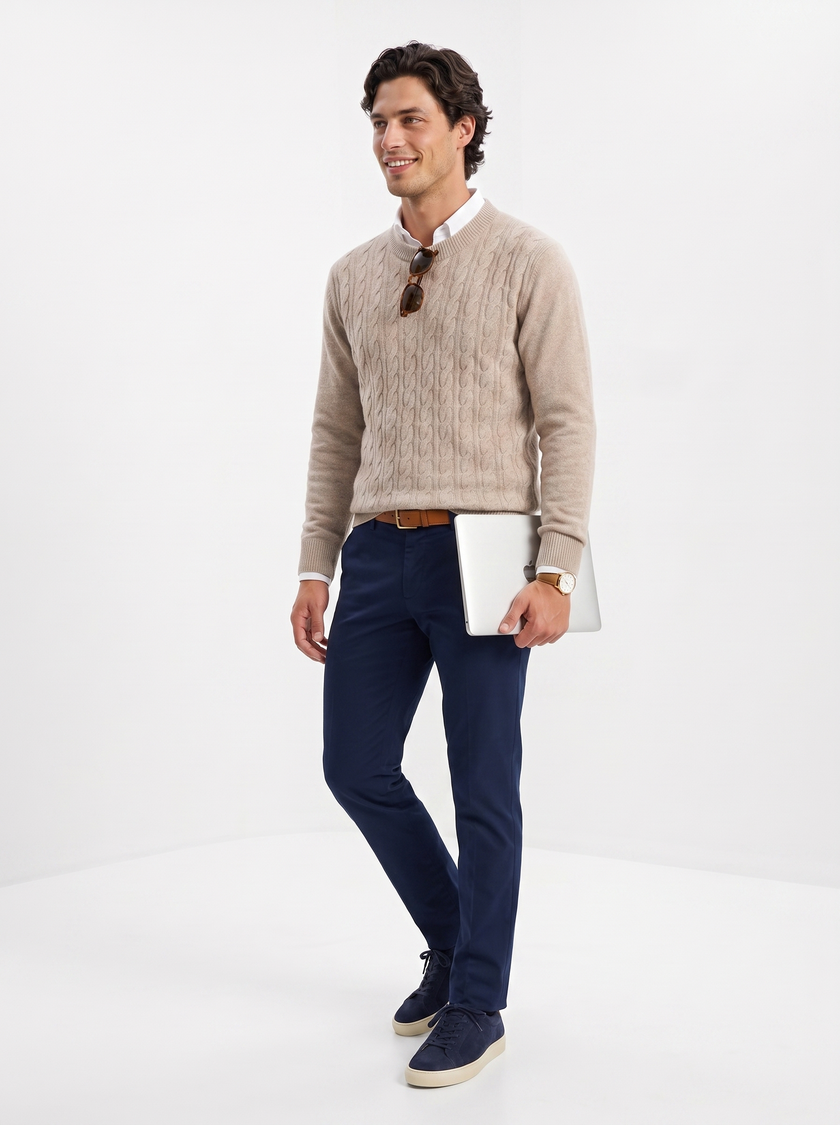 Wool Cable Knit Sweater Men Crew Neck Regular Fit