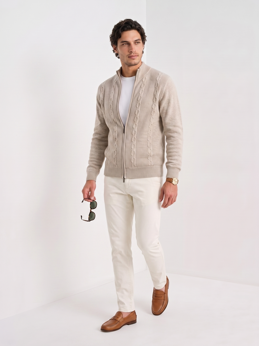 Wool Cable Knit Sweater Men Collared Full Zip Heavyweight