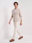 Cable Knit Cardigan Men Slim Fit Button Front Crew Neck