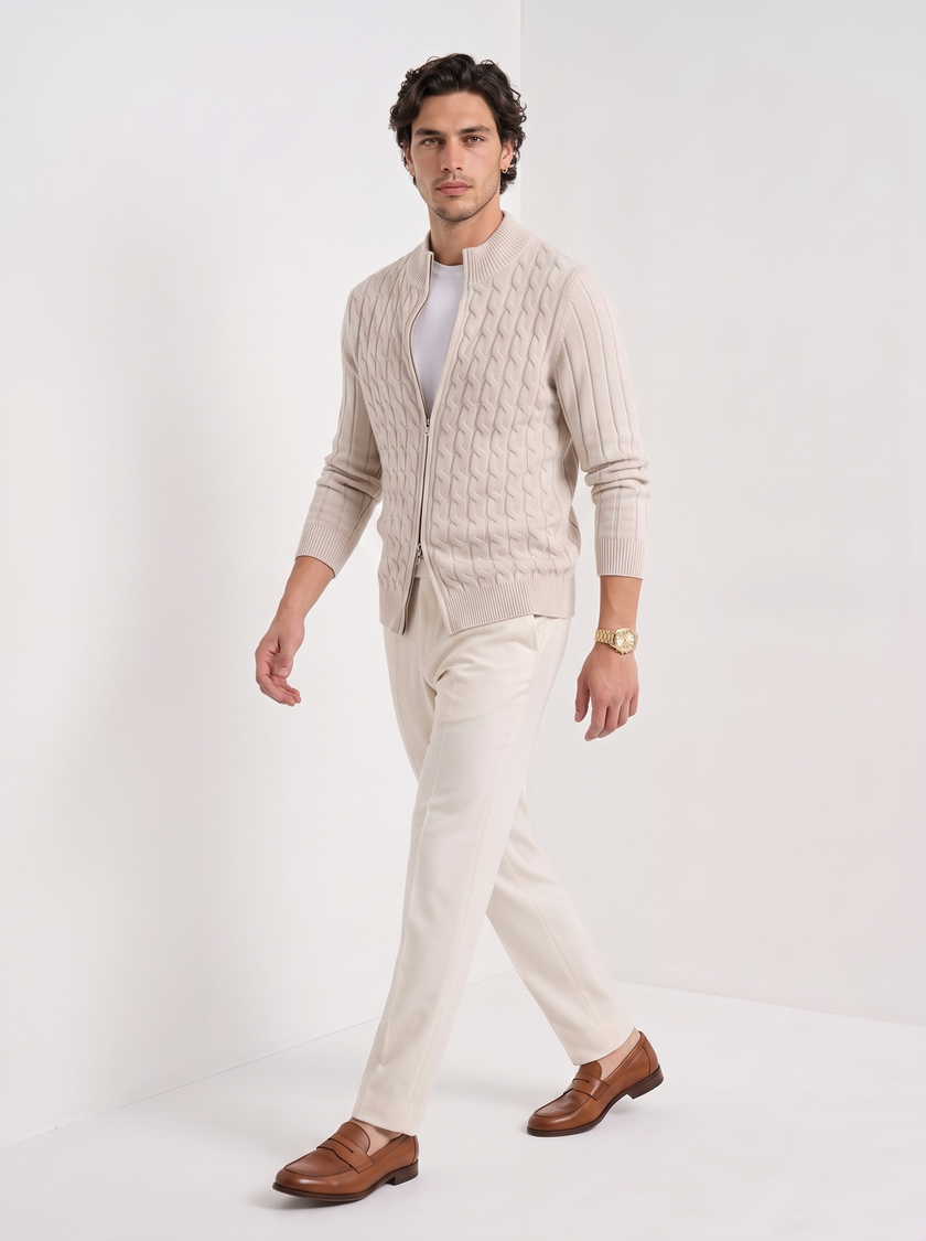 Cable Knit Cardigan Men Slim Fit Button Front Crew Neck