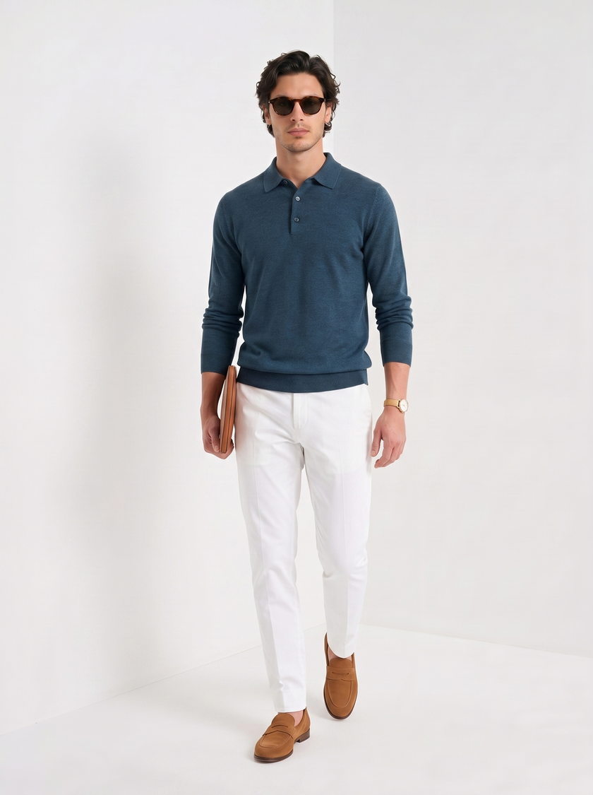 Wool Polo Sweater Men Button Placket Lapel Collar Rib Knit