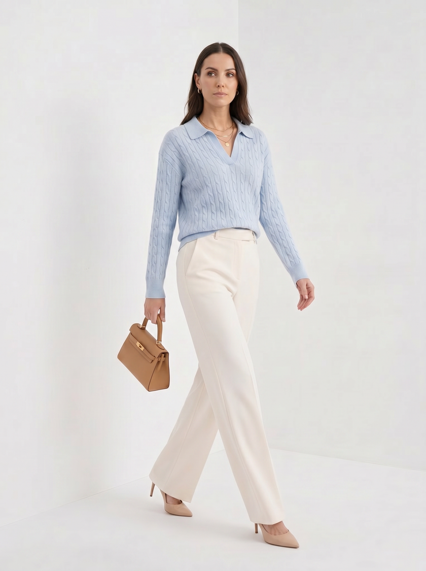 Cable Knit Sweater Women Wool Oversized Polo Collar
