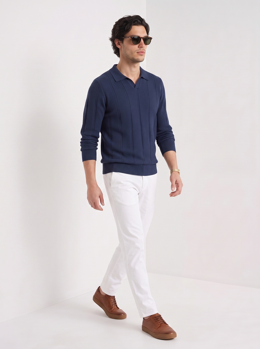 Knit Polo Sweater Men Lapel Collar Long Sleeve Textured