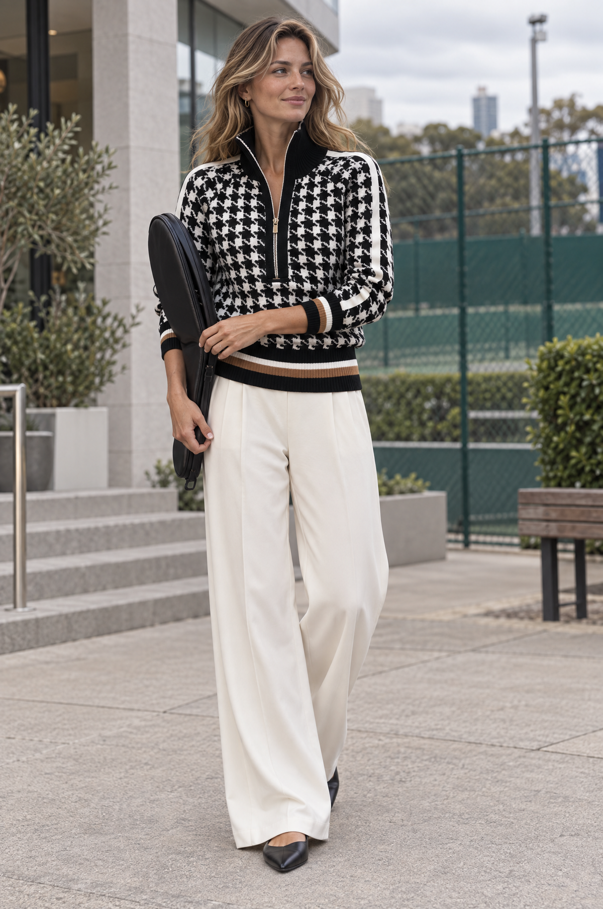 Houndstooth Knit Sweater with Quarter-Zip Stand Collar for Women