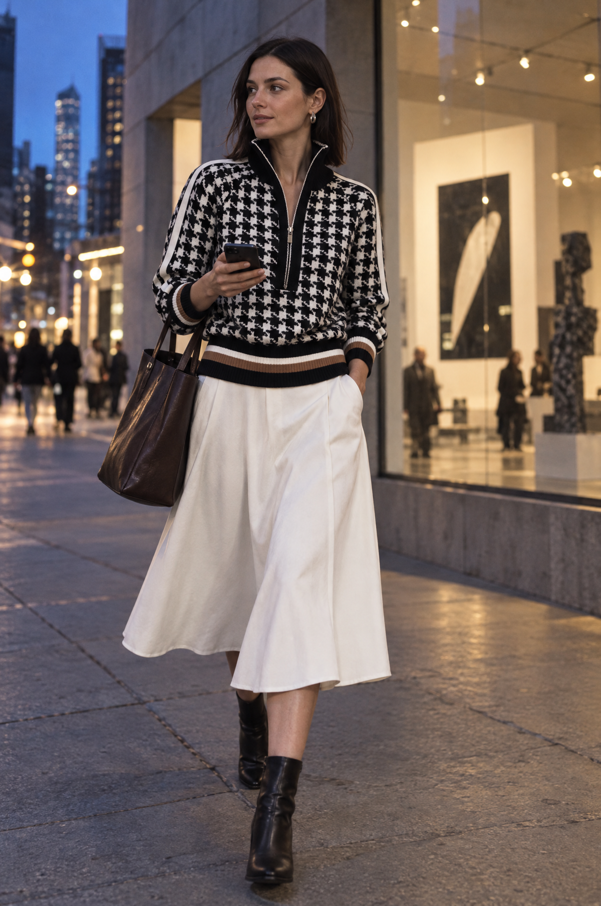 Houndstooth Knit Sweater with Quarter-Zip Stand Collar for Women