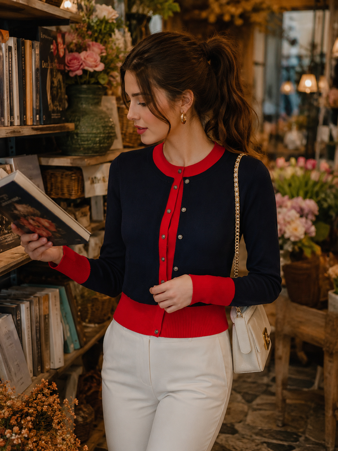 Navy and Red Layered-Look Knit Cardigan Color-Block Button-Down for Women
